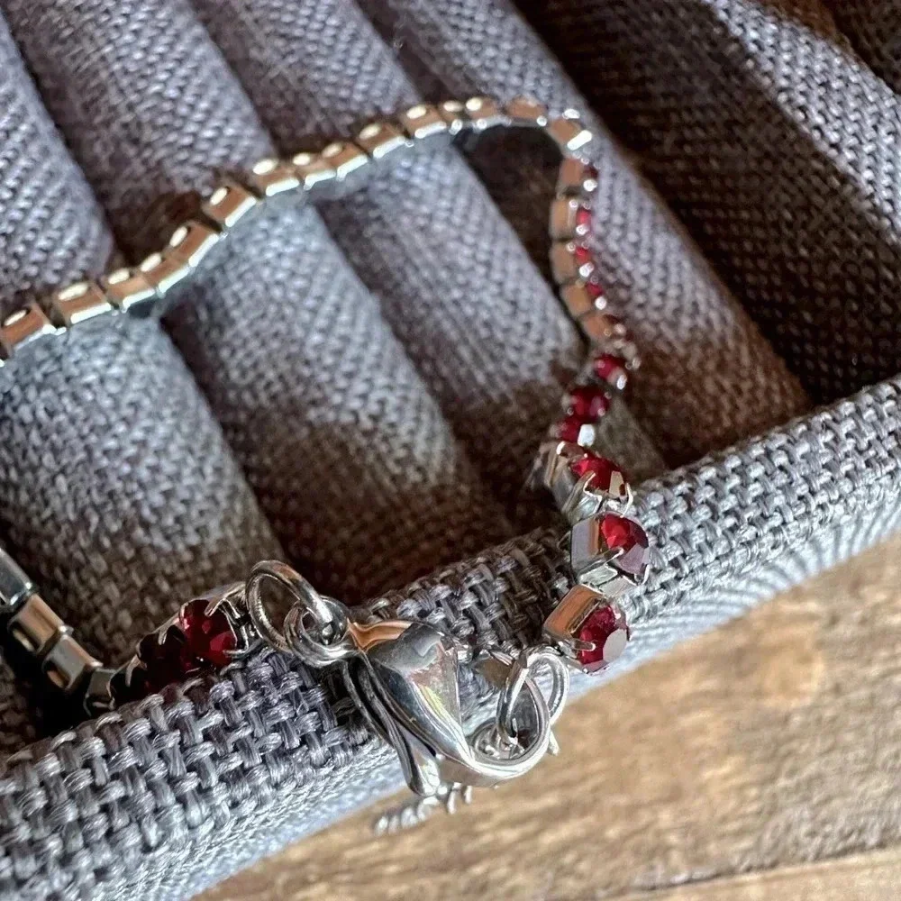 Dark Red Garnet Colored CZ Stainless Steel Tennis Bracelet January Birthstone - Picture 3 of 4
